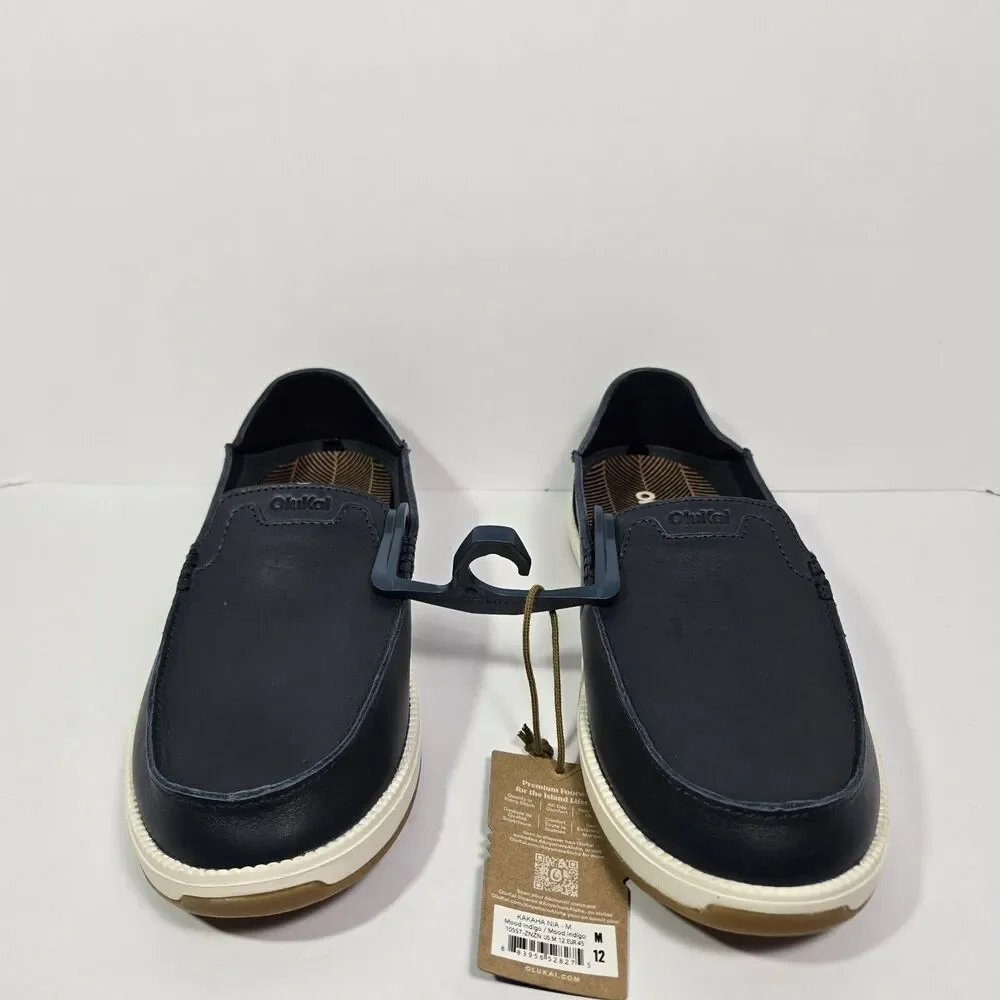 $140 Olukai Kākaha Nia Mens 12 Leather Slip On Shoes Loafer Casual Indigo Blue
